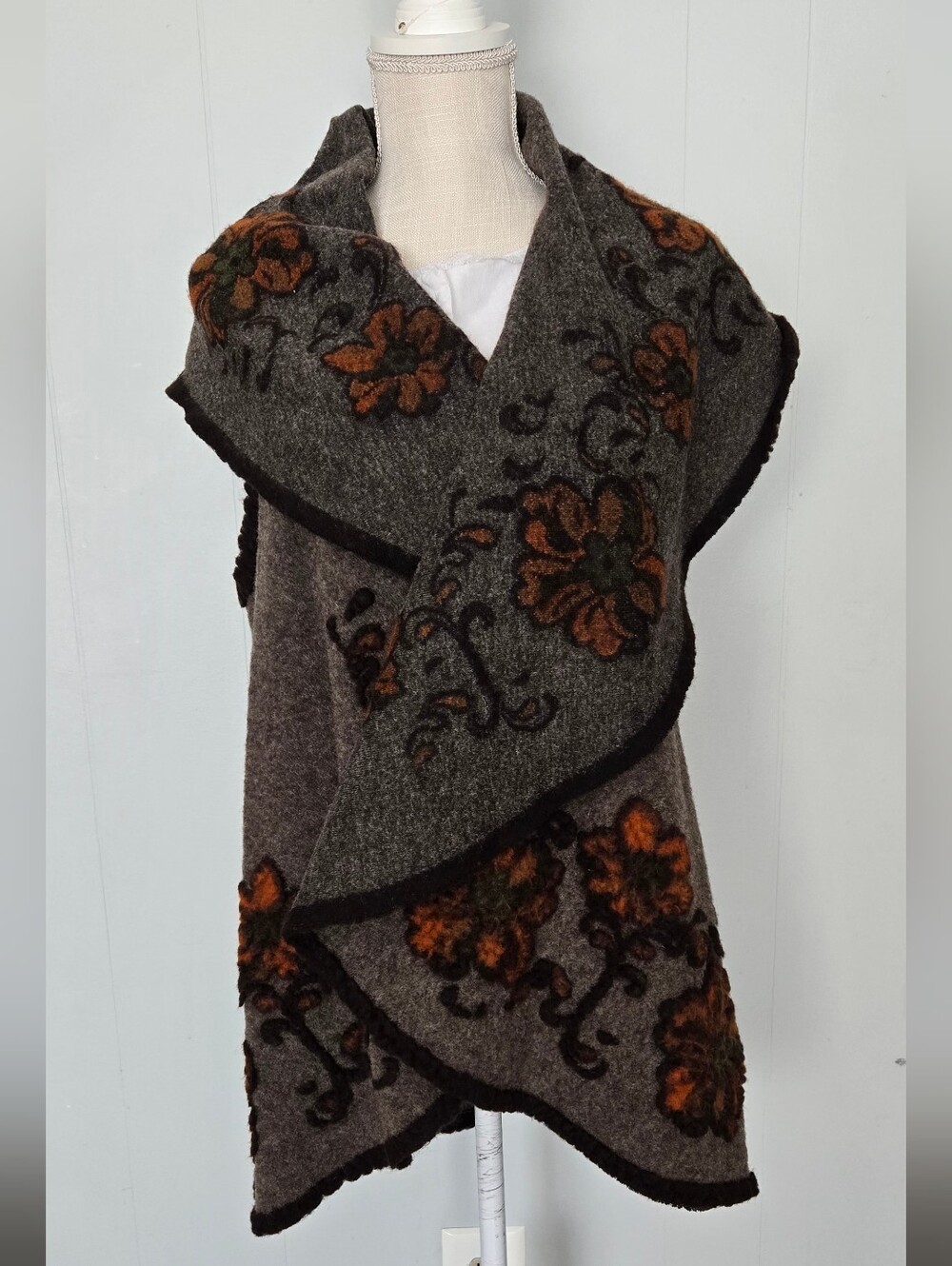 Floral Embroidered Gray Wool Wrap Vest - Brown Floral Accents